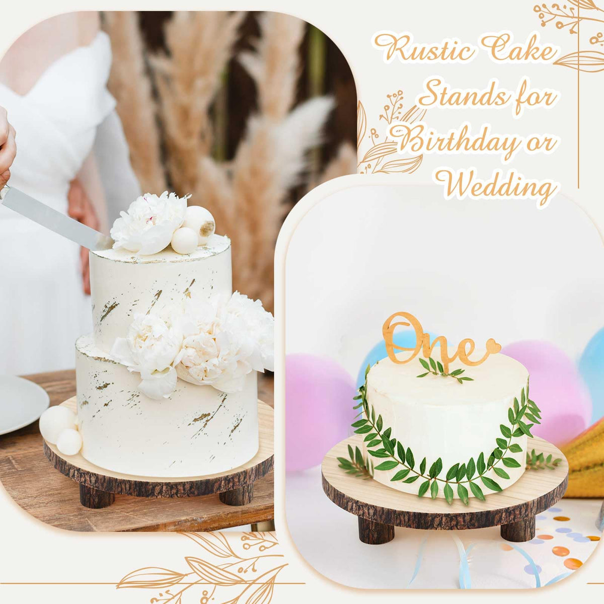 Roowest 2 Sets Wood Cake Stand, 9'' and 10'' Rustic Wooden Slice Boards Round Cake Holder for Party Wedding Birthday Event Farmhouse Dining Room Table Decor Centerpieces Home Decorations