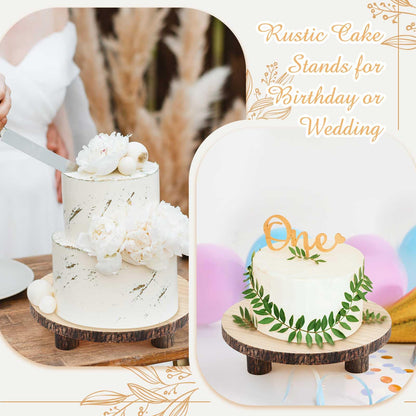 Roowest 2 Sets Wood Cake Stand, 9'' and 10'' Rustic Wooden Slice Boards Round Cake Holder for Party Wedding Birthday Event Farmhouse Dining Room Table Decor Centerpieces Home Decorations