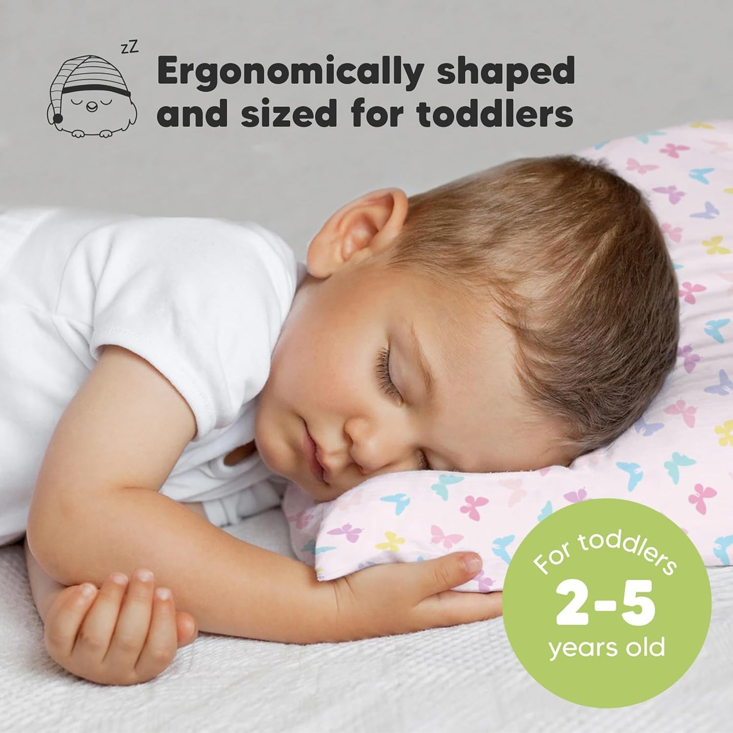My Little Dreamy Toddler Pillow - Soft Organic Cotton Travel Pillow with Case, 13x18, Machine Washable, Ages 2-5 (Flutter)