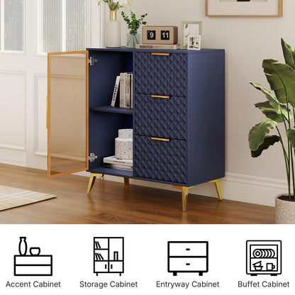 Rovibek Modern Sideboard Cabinet with Storage, Small Kitchen Buffet Cabinet with Glass Door & 3 Drawers, 31" Accent Sideboard Buffet for Kitchen, Living Room, Blue