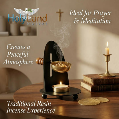 Brass Incense Burner Kit - Candle,Incense and 2 Mesh Screens, Adjustable Charcoal and Tea Light Bakhoor Burner for Resin, Myrrh, Copal at Home, Church, Meditation Space (Brass - Black - Model)