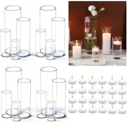 UDU Set of 16 Cylinder Glass Vases and 24 Pcs Floating Candles for Centerpiece, 4,6,8,10 Inch Tall Clear Hurricane Candle Holder Glass Vases for Centerpiece Table Wedding Home Decor