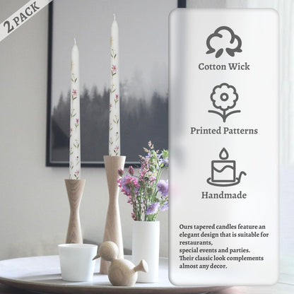 Floral Taper Candles 10 Inch Tall Unscented Handmade White Iris Print Long Burning Elegant Candlesticks for Wedding Dinner Home Decor