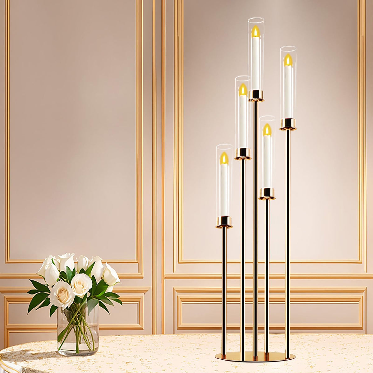 Gold 5-Arm Metal Cluster Taper Candelabra Candle Holders Includes Led Candles & Remote Control, Votive Pillar Candle Holders, Round Wedding Candelabra with Acrylic Shade (1, Gold, 41.3'' x 9.84'')