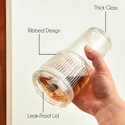 ALINK 20 oz Ribbed Glass Tumbler with Lids and Straws, Ripple Iced Coffee Cups, Thickened Drinking Glasses for Coffee, Smoothies, Cocktail, Juice, Cold Drinks, Pack of 2 - Clear