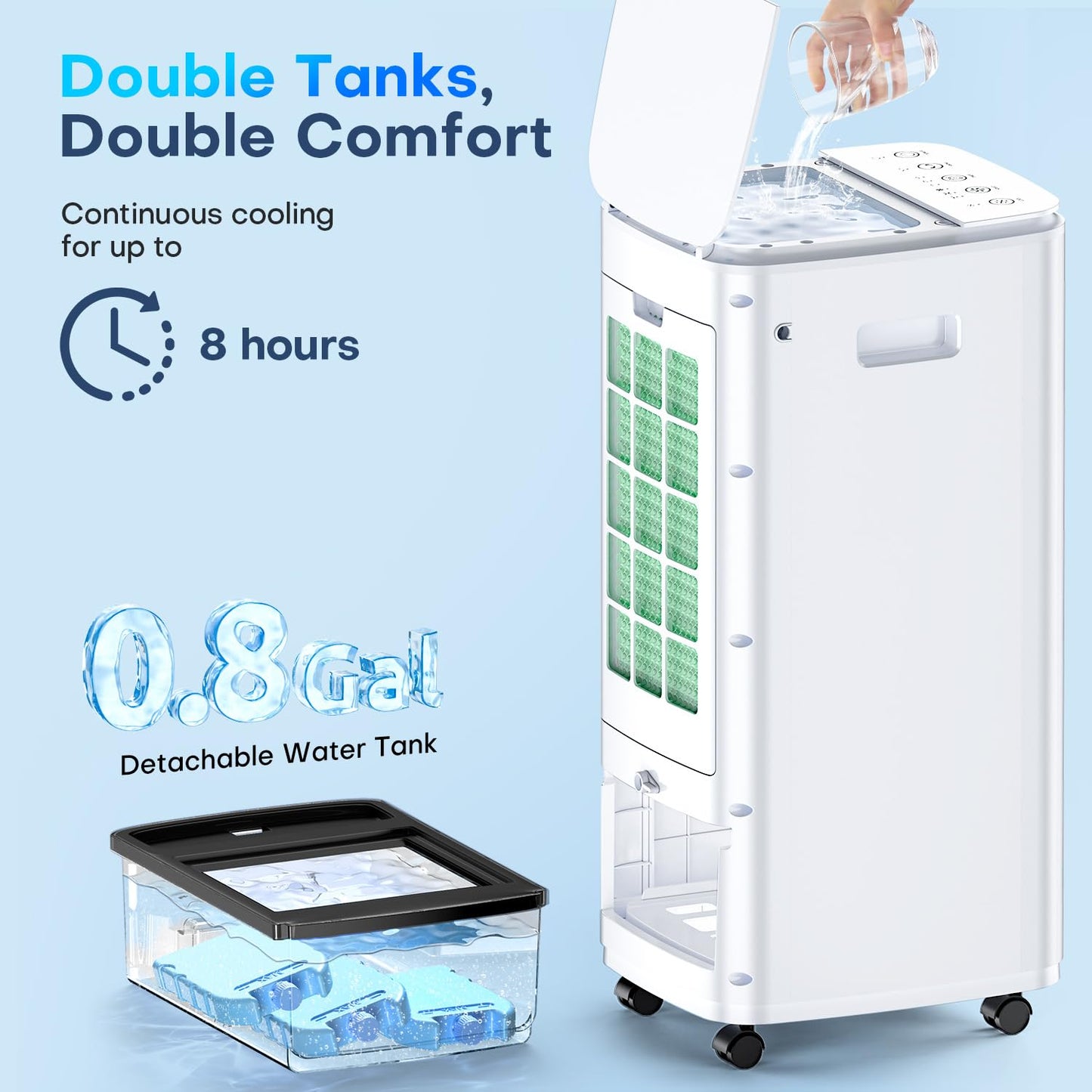 MYICY Evaporative Air Cooler, 25 Inch Swamp Cooler Air Conditioner w/Double Tanks, 7H Timer, 16ft Remote, 3 Ice Packs, 70° Oscillation, 3 Speeds & 2 Modes, 60W Portable Windowless Air Conditioner