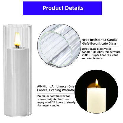 Sandraheer Elegant Ivory White Pillar Candles with Clear Ribbed Glass Holders 24 pcs (12 Unscented Candles+12 Candle Hoders) –Perfect for Weddings, Parties, Events, and Home Decor–Long-Lasting Burn
