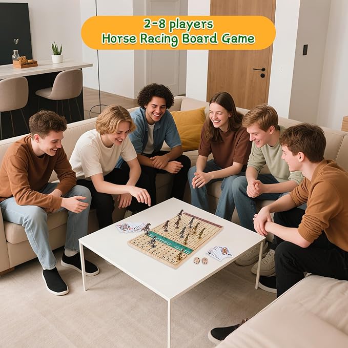 Horse Race Board Game – Thickened Wooden Chessboard with 11 Metal Horses 2 Dice &amp 2 Card Decks Family-Friendly Horse Racing Game for Kids Adults Friends &amp Strategy Game Nights