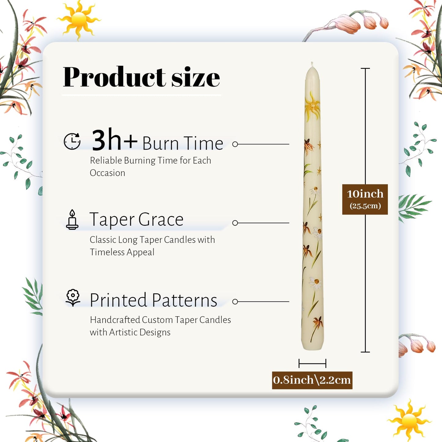 Taper Candles 10 Inch Print Candle Handmade Unscented Renanthera Long Candles 2 Pack Twisted Candlesticks for Wedding Home Decoration Gifts