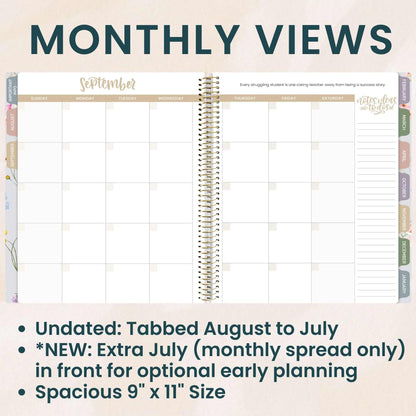 bloom daily planners New Undated Academic Year Teacher Planner & Calendar with Frosted Protective Cover - 7 Period Lesson Plan Organizer Book (9" x 11") - Teach Them Love Them
