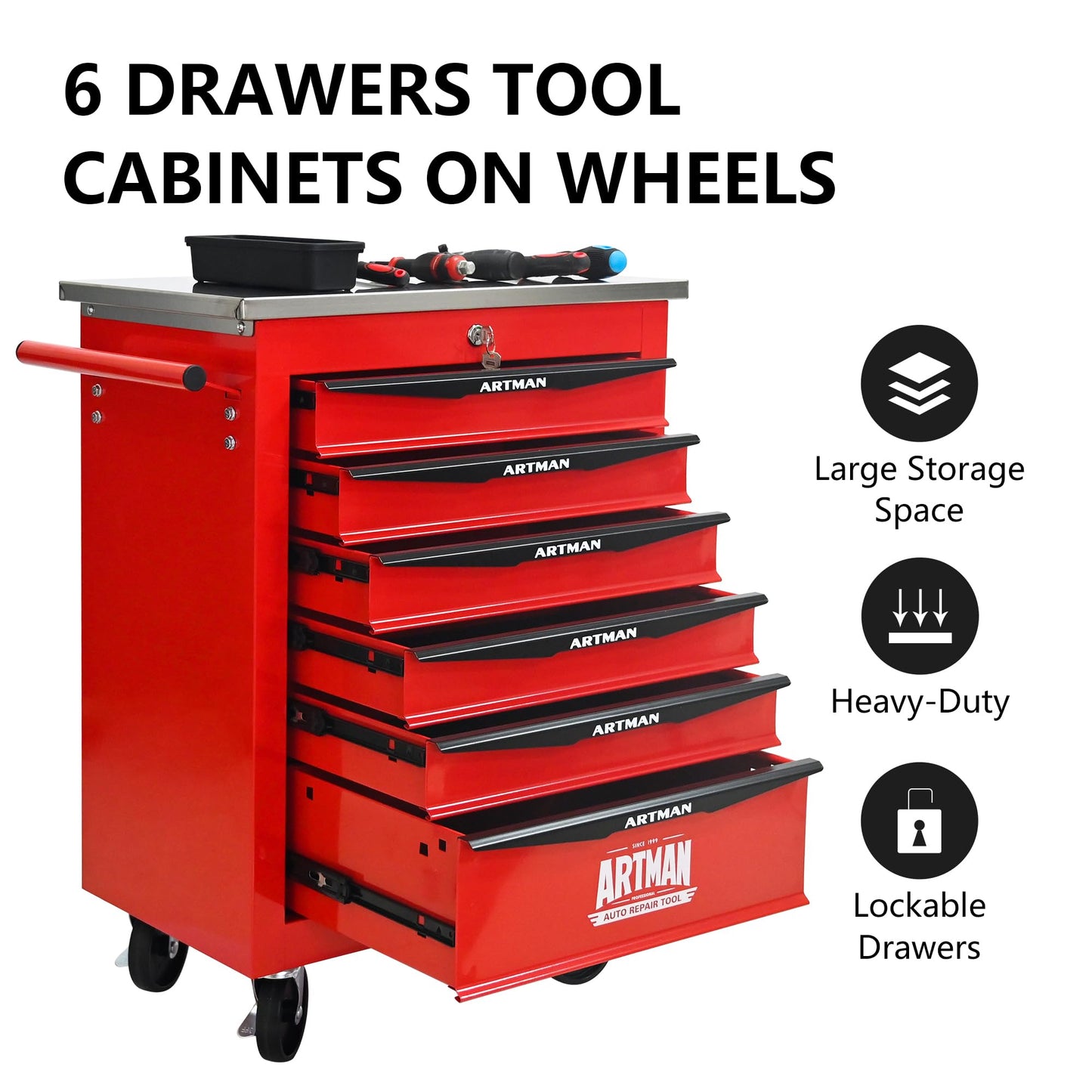 KEIKI 6 Drawers Tool Cart on Wheels,Multifunctional Rolling Tool Chest Tool Storage,Drawers Rolling Tool Trolley Organizer Tool Case for Garage, Warehouse, Workshop, Repair Shop (Red)