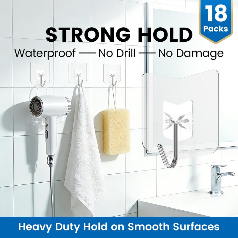 Heavy Duty Adhesive Hooks 18 Pack - Holds 15 lbs, No Drill Stick Plastic Hook Hangers for Hanging Towel Shower Bathroom, Kitchen, Cabinet - Strong Wall Hanger for Ornaments, Apartment Bedroom