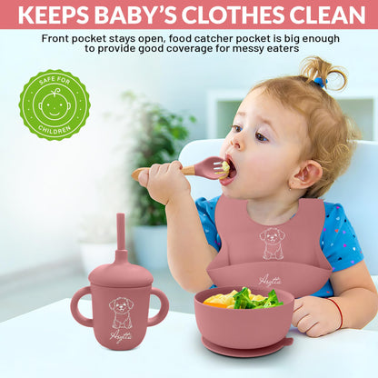 ASYTTA Silicone Baby Feeding Set – 6 Piece BPA-Free Baby Led Weaning Supplies – Toddler Eating Essentials with Baby Bib, Suction Plate, Suction Bowl, Sippy Cup, Forks, & Utensils | 6+ Months (Pink)