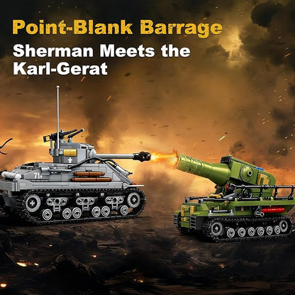 WW2 Building Block Army Tank-Kit for Boys Men 1:32 Movable US Sherman &amp GE Karl Mortar Military Toys for Kids Ages 8+ Mini Cannon Vehicle Model History Birthday Gifts for Teen Girls 1117 Pieces