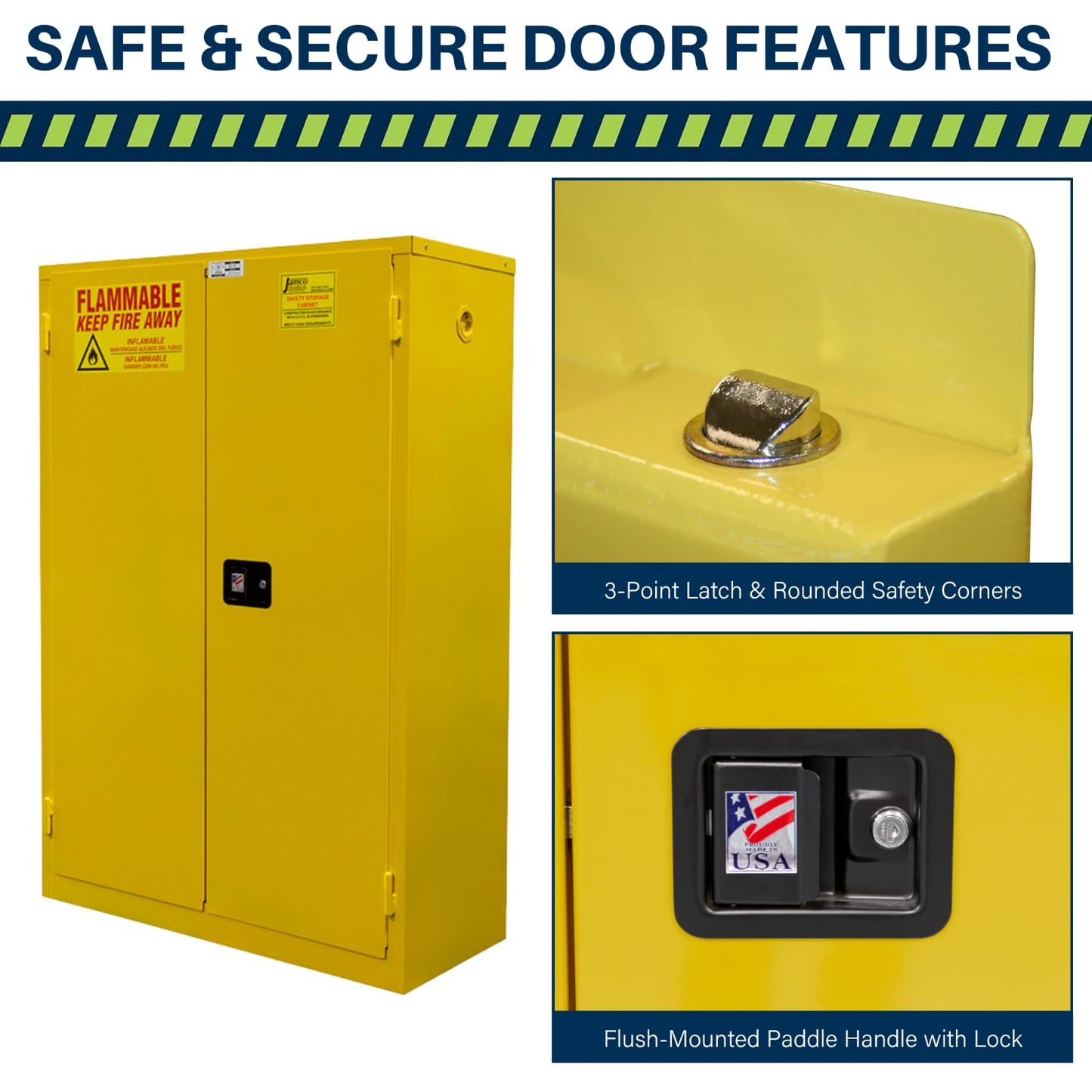 Jamco 45 Gallon Flammable Safety Cabinet, Steel Flammable Storage Cabinet with Lockable Manual Closing Doors, Non Forkliftable, 43" x 18" x 65", Yellow