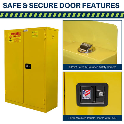 Jamco 45 Gallon Flammable Safety Cabinet, Steel Flammable Storage Cabinet with Lockable Manual Closing Doors, Non Forkliftable, 43" x 18" x 65", Yellow