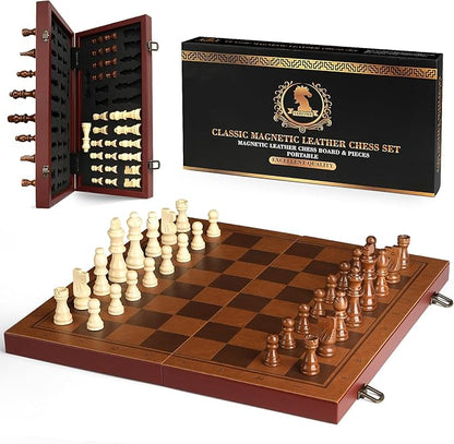 Strong Magnetic Chess Set for Adults &amp Kids 15.4 Leather Chess Board &amp Handcrafted Wooden Chess Pieces with Storage Slots Portable Travel Chess Game for Beginner and Professional