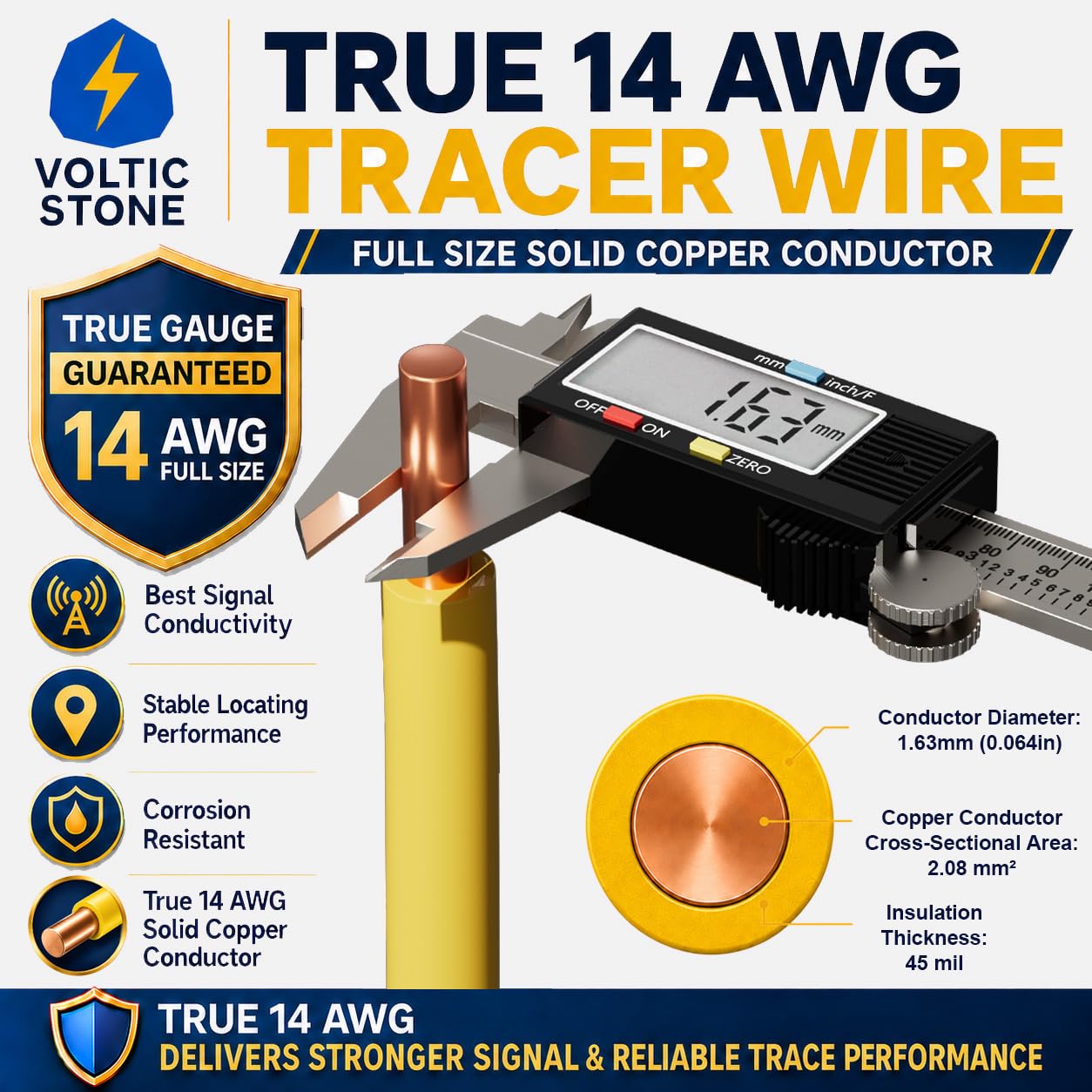 Voltic Stone 14 AWG Yellow Gas Line Tracer Wire, True Gauge 100% Solid Copper Direct Burial Underground Locating Cable, 30/600V Rated, HDPE Jacket, Corrosion-Resistant for Natural Gas & Propane