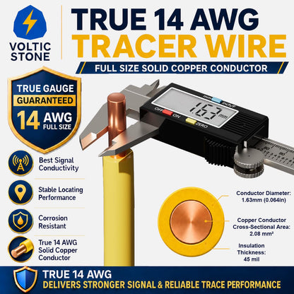 Voltic Stone 14 AWG Yellow Gas Line Tracer Wire, True Gauge 100% Solid Copper Direct Burial Underground Locating Cable, 30/600V Rated, HDPE Jacket, Corrosion-Resistant for Natural Gas & Propane