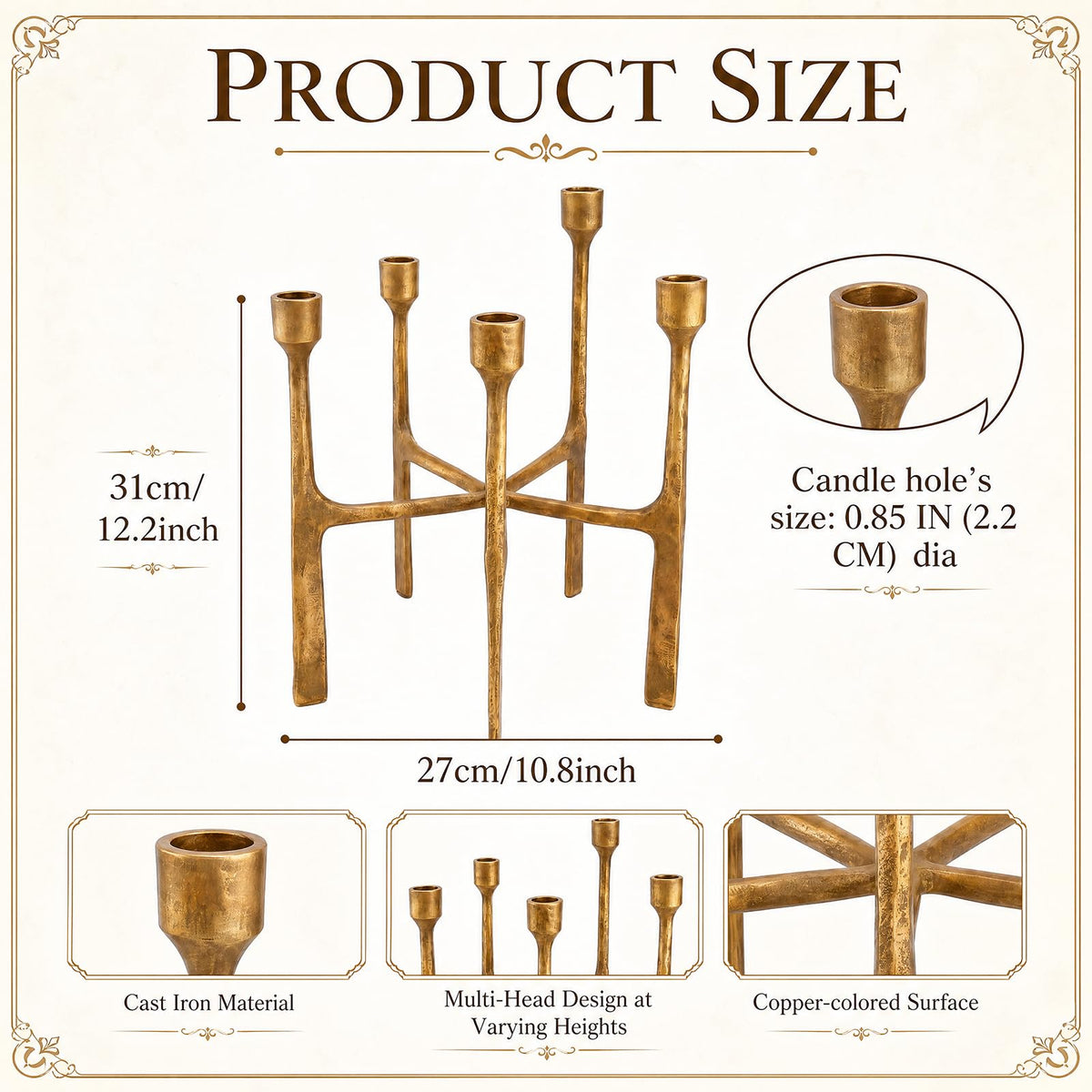 Ferrochef 5 Candle Cast Iron Candelabra Multi Head Taper Candle Holders 11.8 Inch Tall Decorative Candlestick Holders for Dining Room, Living Room or Mantel Decor