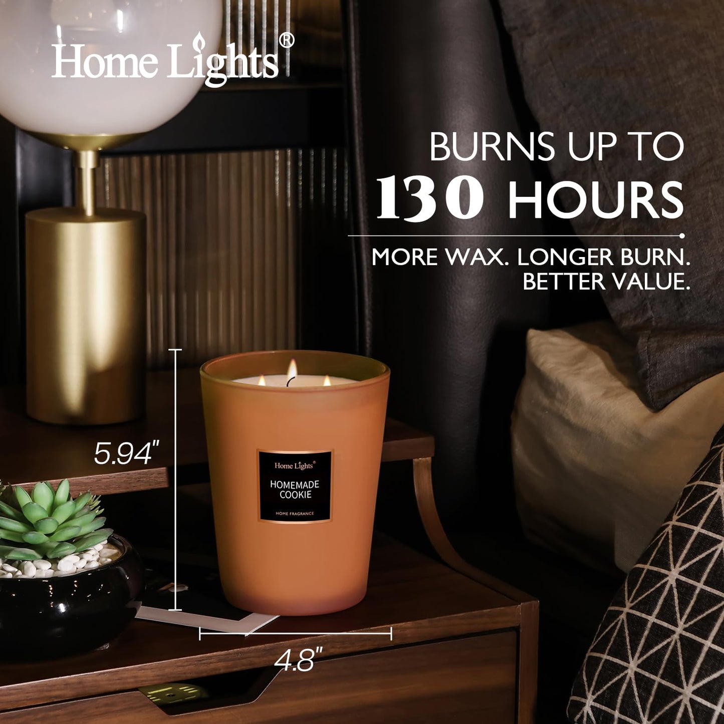 HomeLights Scented Candles, Large Jar Aromatherapy, Natural Soy Wax, 130 Hours Long Burning Gift, Homemade Cookie