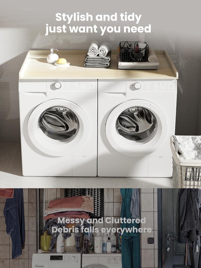 Toemics Washer Dryer Countertop, 27.5" x 54" Laundry Room Organization Shelf with Edge Rails for Washer and Dryer, Durable Melamine Finish, Non-Slip Pads, and 3 Laundry Bags, Oak