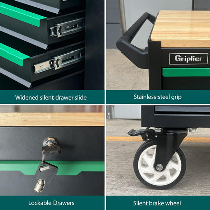Griplier 7-Drawers Professional Tool Cart Cabinet,Rolling Tool Chest with Double Shelves,Wood Workbench,51.1W x 18.9D x 32.3H inches for Garage, Workshop, or Outdoor Use(7 Drawers + 258 Pieces Tool)