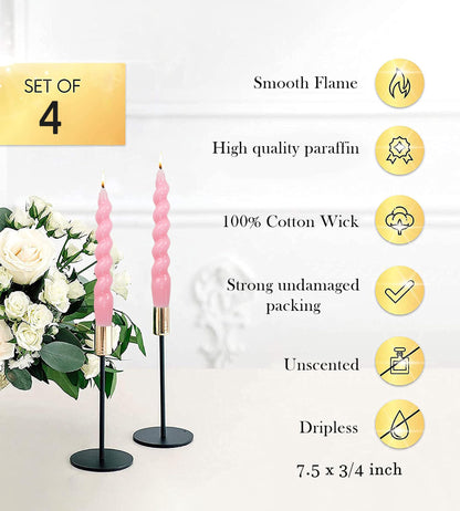 LPUSA Pink Spiral Taper Dinner Candles Conical Stick Candles Wax Unscented Dinner Candle Dripless for Home Decor, Relaxation Set of 4（7.6" Baby Pink）