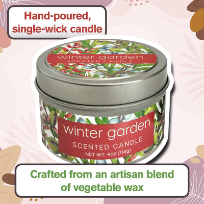 Greenwich Bay Hand-Poured Scented Candle in Decorative Tin – 4 oz/114 g Travel Candle with Lead-Free Wick, Vegetable Wax, Long-Burning Aromatherapy Gift, Single Wick – Made in USA (Winter Garden)