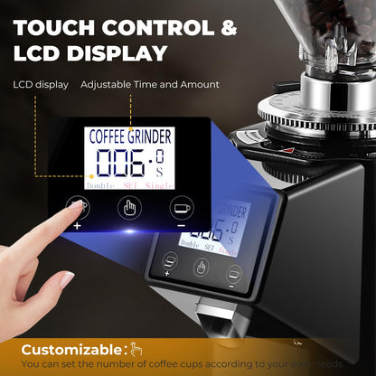 Flyseago Commercial Coffee Grinder Electric - 64mm SS Flat Burr, Digital Touch Screen, 19 Adjustable Settings, 35oz Large Hopper, Black