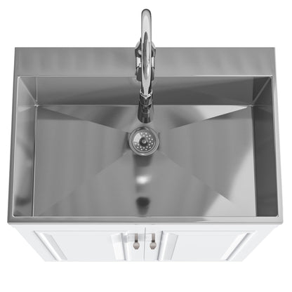 SIMPLIHOME Darwin All-in-One 28 inch Wide Utility Sink and Laundry Cabinet in Pure White Finish, Transitional Stainless Steel Sink Cabinet for Laundry Rooms with High-Arch Pull-Out Faucet and Storage
