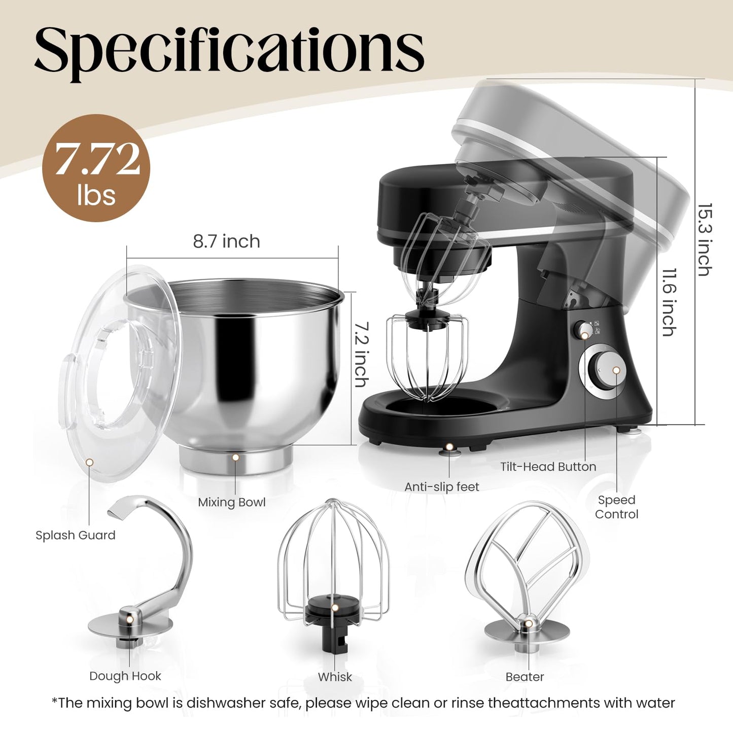 800W Stand Mixer with 5.3QT Bowl, 6-Speed with Pulse Electric Kitchen Mixer, Food Mixer with Dough Hook, Whisk, Beater Tilt-Head & Non-Slip Base for Cookie, Cake, Bread & Baking-Black