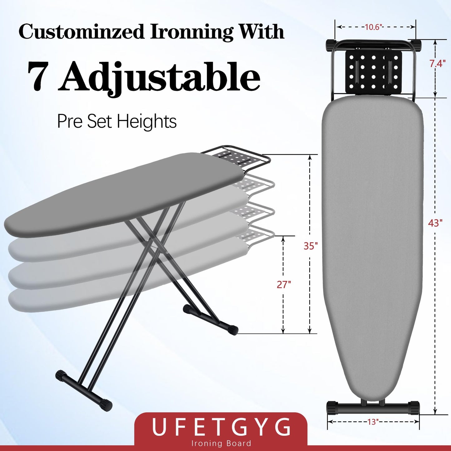 UFETGYG Ironing Board,13" X 43" W/with Iron Rest | Full Metal Construction| Height Adjustable | Heat & Scorch Resistant Fabric | Heavy Duty| Easy to Fold | Anti-Skid Feet |Grey