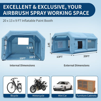 20x14x10 FT Inflatable Paint Booth, Portable Spray Booth Tent with 1100W Blower, 3-Layer Filtration System, Foldable DIY Workstation for Car, Motorcycle, Furniture & Parts Painting, Blue