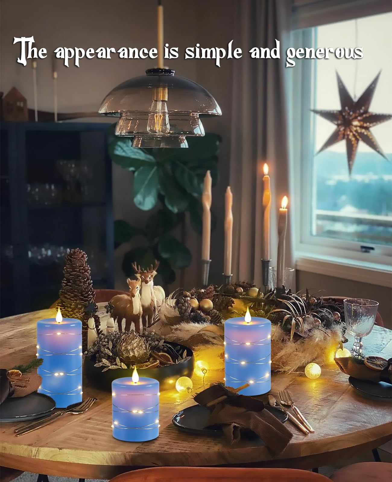 Upinmz Flickering Flameless Candles with Embedded String Lights, Battery Operated Candles with Remote Control and Timer,LED Candles for Home Decoration,Real Wax, 3 Pack Blue