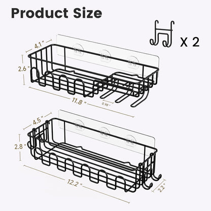 Saydear Adhesive Shower Caddy - Rustproof Metal Bathroom Storage Shelf with 2 Bonus Hooks | 4-Pack, Drill-Free Black
