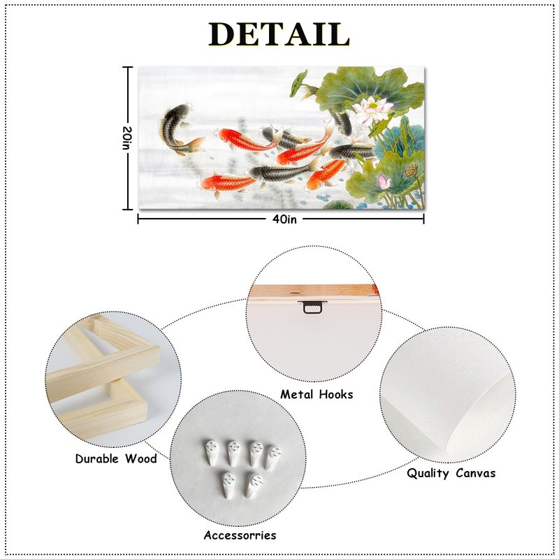 iLOOKLiKE Nine Koi Fish Canvas Wall Art Feng Shui Lucky Carp Lotus Flower Leaves Pond Picture Traditional Chinese Paintings Print Asian Artwork Poster Home Decor for Living Room Bedroom 20x40inch