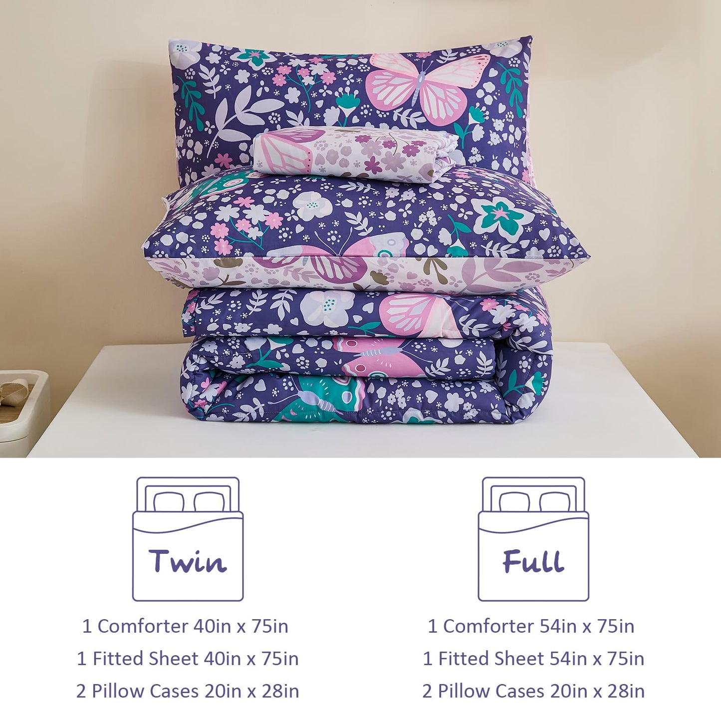 Anibedding 3Pcs Zip Up Bedding Comforter Set for Girls, Purple Butterfly All in One Zipper Twin Bedding Set with Pillowcase for Kids