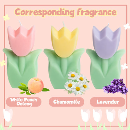 COcnny 3pcs Tulip Candle Decor, Tulip Shaped Scented Candles Decorations, Flower Aesthetic Paraffin Soy Wax Aromatherapy Candle Gift for Home Bedroom Birthday Wedding Spring Easter Party