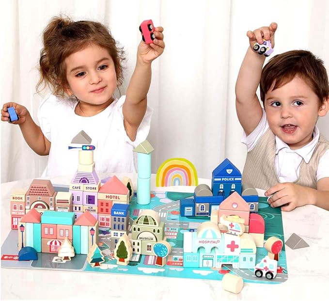115 Pcs Wooden Building Blocks Toy Set for Kids City Construction Stacker Stacking Preschool Learning Educational Toys Gifts for 3+ Boy Girl Toddler