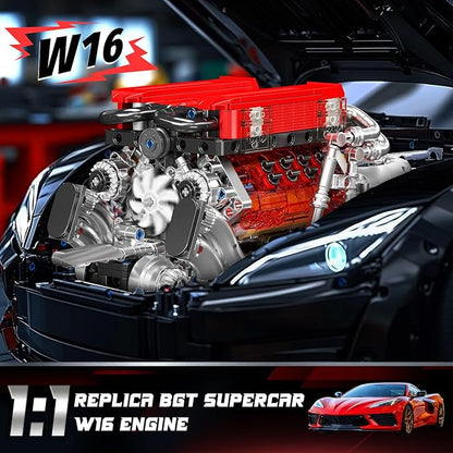 Mould King W16 Engine Model Kits - Build Your Own Supercar Engine Toy MOC Engineering Building Blocks Set That Run Twin V8 Engine Building Kits with Motor STEM Toy for Teen Adult(955 Pieces)