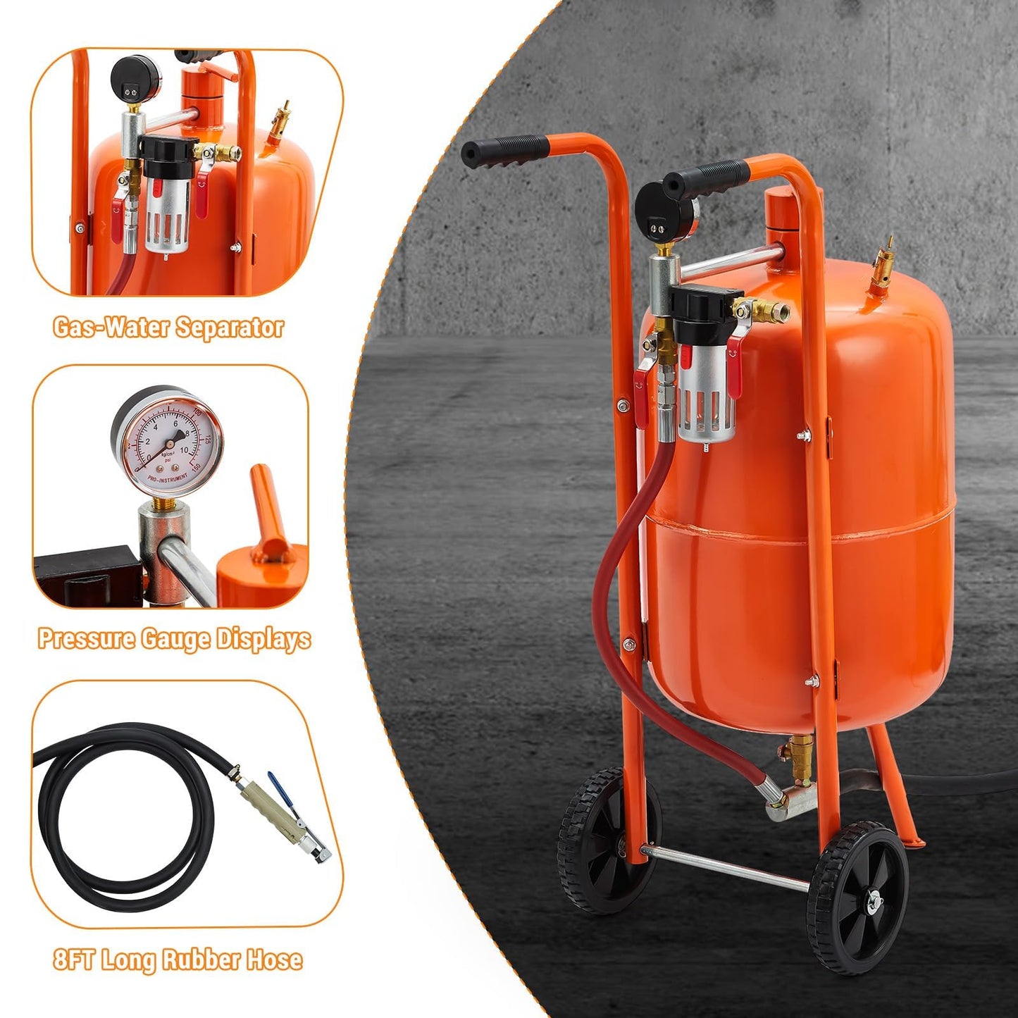 Garvee 20 Gallon Sand Blasting Machine, 60-110 Psi Pressure Air Sand Blasting Kit w/4 Ceramic Nozzles & Oil-Water Separator, Portable Abrasive Blaster for Stain Removal Paint, Orange