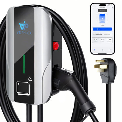 VEIPHLOX Level 2 EV Charger, 40 Amp 240V, w/ J1772 Connector, WiFi (2.4GHz) Enabled Electric Vehicle Charging Station, 25ft Cable, NEMA 14-50 Plug, IP65 Weatherproof Indoor/Outdoor, RFID & App Control
