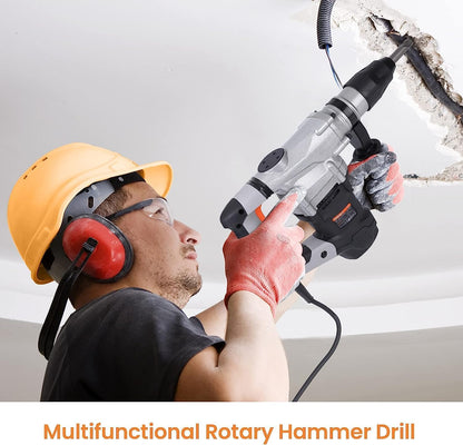 1600W Rotary Hammer Drill - 1-9/16", 13-Amp, 3600BPM, 9J - 3 Functions Demolition for Concrete, Stones, Brick walls - Includes Drill Bits, Point, Carrying Case