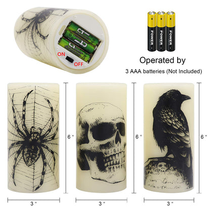 Lasumora Halloween Flameless Candles with 6H Timer, LED Pillar Candles mit Skull, Spider Web, Crow Raven Decals Set of 3, Battery Operated Real Wax Candles, Halloween Decor Horror Gothic Punk