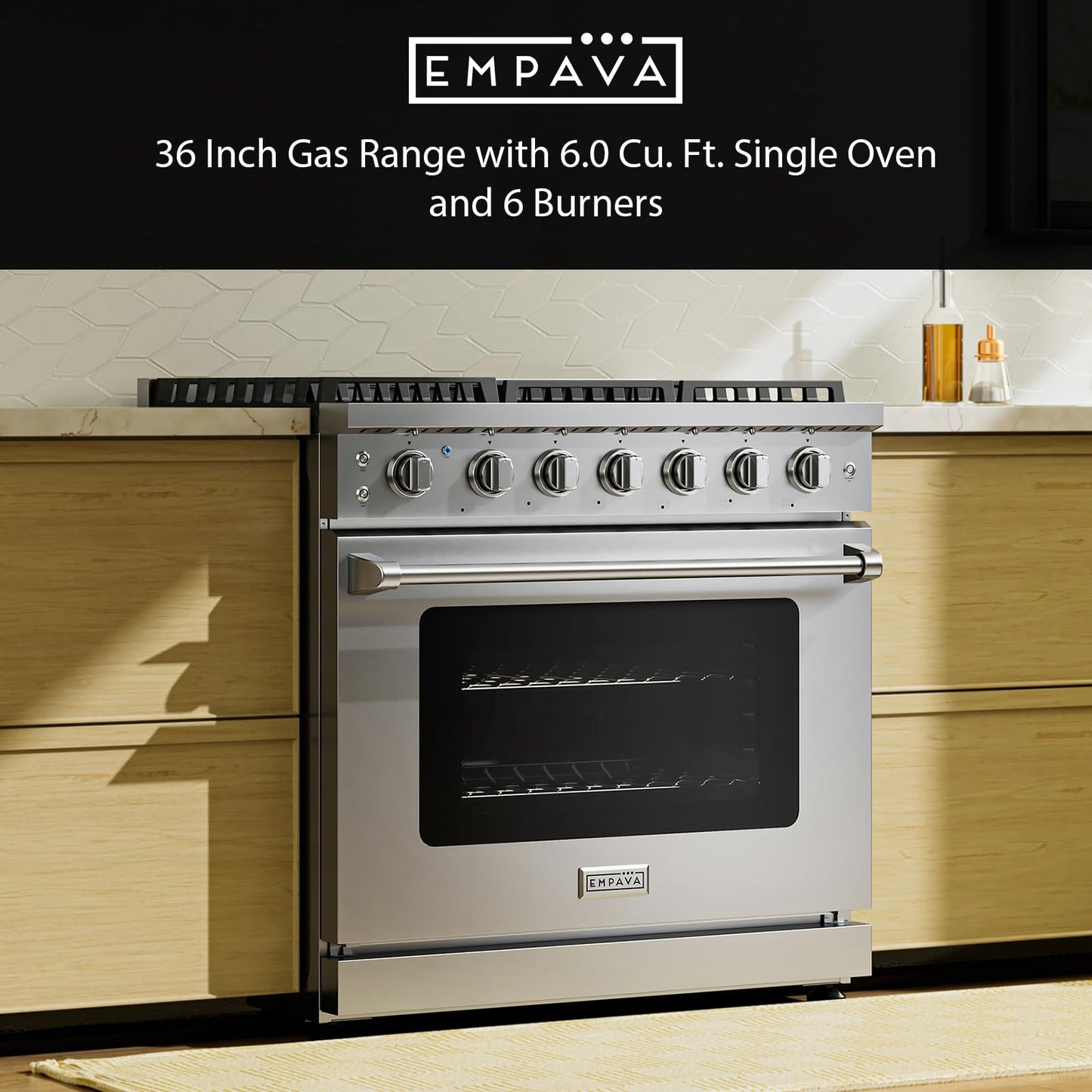 Empava 36 Inch Gas Range with 6.0 Cu. Ft. True Convection, 18,000 BTU Power Burner for Searing, 6 Sealed Burners, Convertible NG/LP, Stainless Steel Stove with Oven, CSA Certified