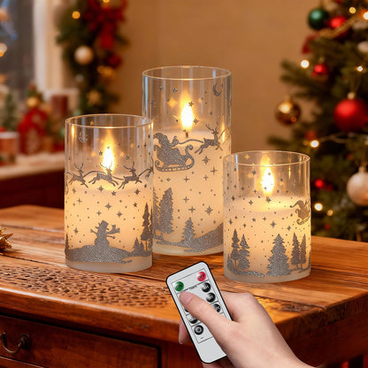 DRomance Reindeer Glass Flameless Candles Battery Operated with Remote and Timer Real Wax Silver Glitter 3D Wick LED Flickering Candles Warm Light Indoor Christmas Holiday Decor 3" D x 4", 5", 6" H