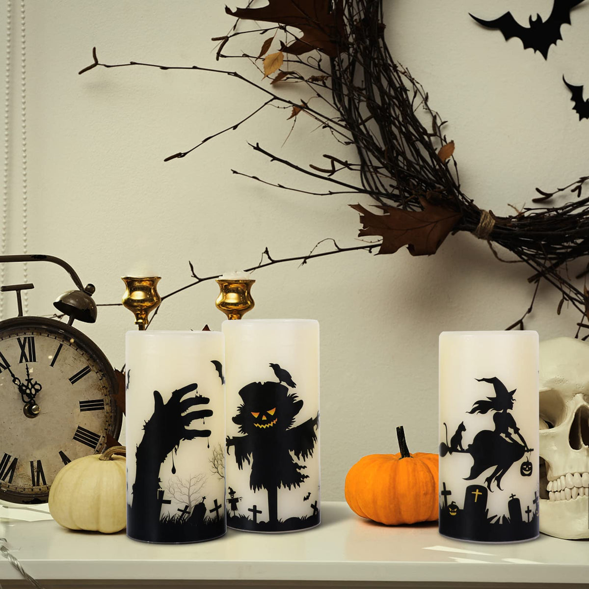 Eldnacele Halloween Flickering Candles Set of 3 Battery Operated Halloween Themed LED Candles Horror Spooky Decoration…