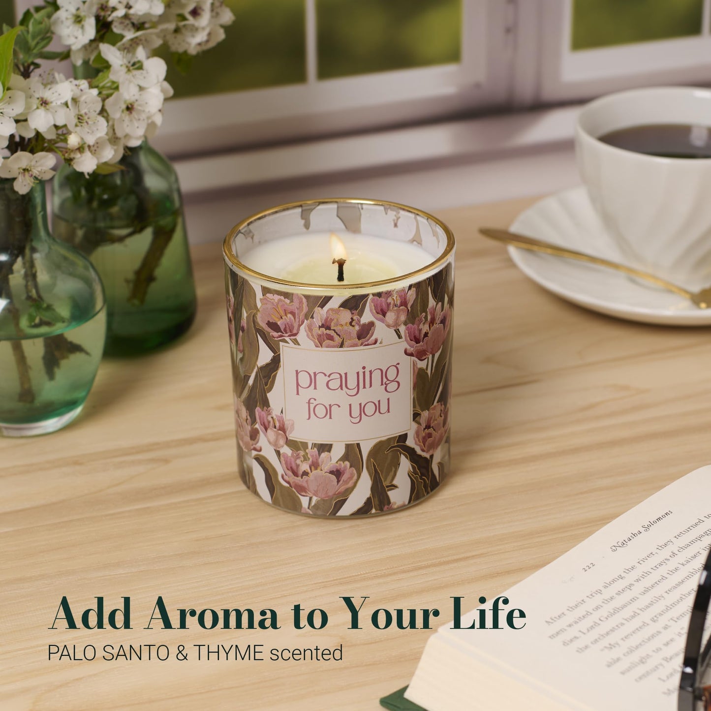 Christian Art Gifts Praying for You Scented Candle: Soy Wax, Pure Essential Oils, Palo Santo & Thyme Scent, Floral Design Glass Jar, Encouragement Gift for Women, 40 Hours Burn Time