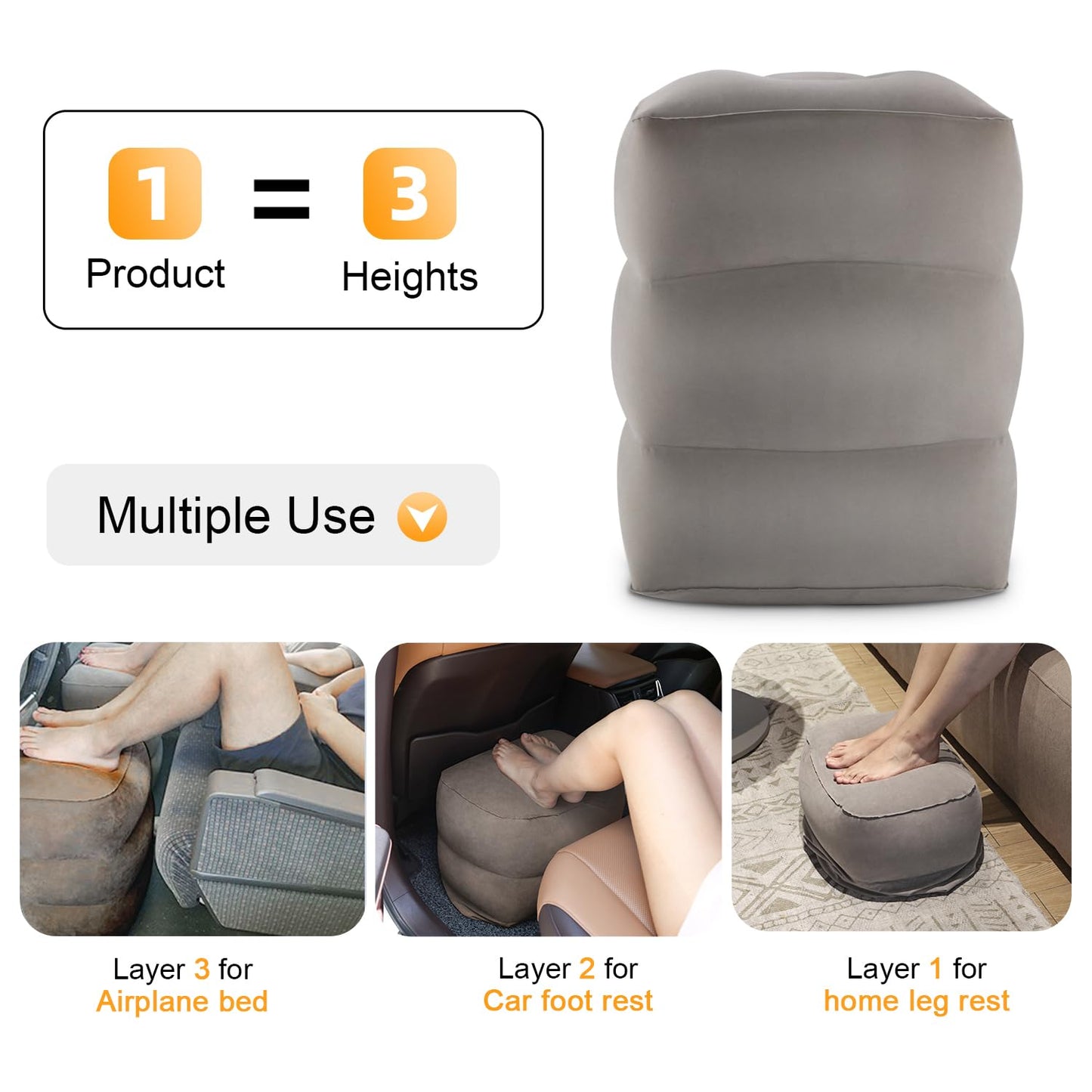 Inflatable Travel Foot Rest Pillow, Kids Airplane Bed, Adjustable Height Leg Pillow for Air Travel, Make a Flat Bed for Kids and Toddlers, Great for Airplane, Train, car（Grey, 1 Pack）